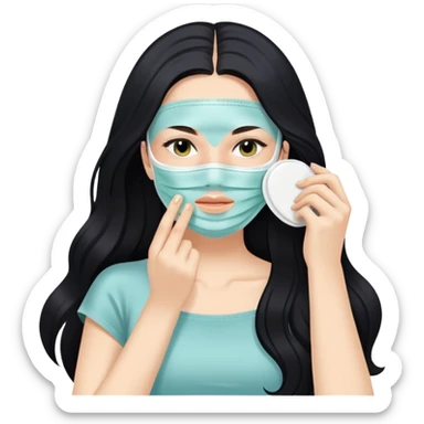 White girl with long black hair applying face mask, self care skincare routine sticker