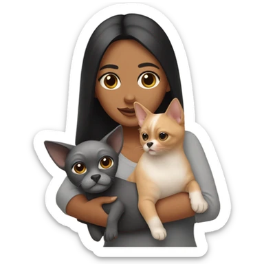 Latino woman with black staight hair and brown eyes is holding a grey sphynx cat and a ginger pomeranian dog sticker