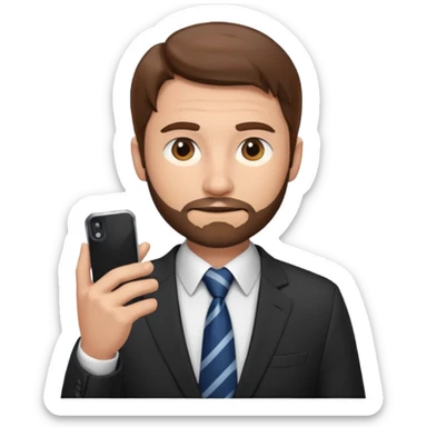 Escribano hombre con un poco de barba,  de traje con tez clara pelo color castaño, vestido con traje camisa y corbata y celular en mano .  sticker