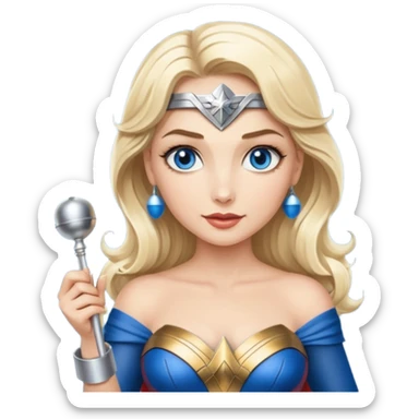 Blonde blue eyes Wonder Woman holding bell and short white orchestra conductor’s baton  sticker