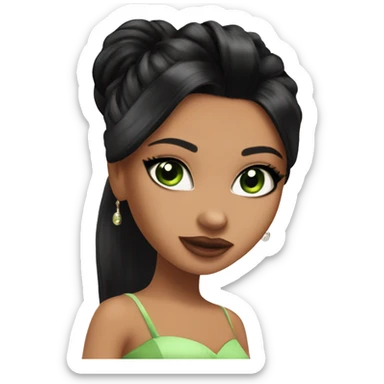 Bratz, club, cocktail dress, black hair, half up half down hair, olive skin, green almond cat eyes sticker