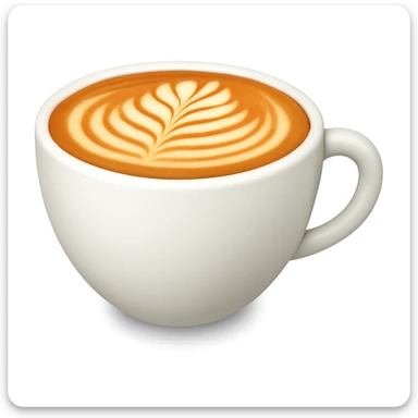 Create a cappuccino cup emoji exactly like the reference image but without the face. The cup should be white with latte art on top, smooth and shiny, with a soft shadow added, in the style of iOS emojis. sticker