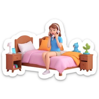 girl talking on phone bedroom background, close up pose sticker