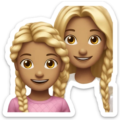 An emoji of a blonde mother with very long hair and a cheerful expression, standing next to her 3-year-old daughter, a small girl with black hair styled in two braids, both smiling happily together sticker