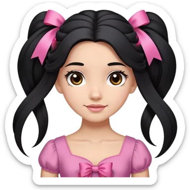 Beautiful girl with long black hair in a half-up half-down hairstyle with pink ribbon tying the top half, waves at the ends, brown eyes, light skin, slight smile, and pink dress sticker