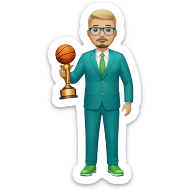 Full Body white plus size man  wearing glasses with a goatee with dirty blond short hair basketball head Coach in blue and green suit holding trophy sticker