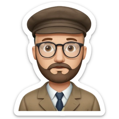 40's white male, bald with short full beard (salt and pepper color brown) with professor glasses and flat cap sticker