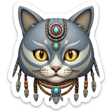 cat, wear tribal shaman cloth, half face robot sticker