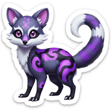 Obsidian-onyx-black fur base coat with glowing-neon-purple markings and patterns, shiny blind glossy hollow eyes, magical fantasy-Genet-Absol-Marsupial-Possum-Vernid-Sergal-Fakémon-hybrid, by LiLaiRa-griffsnuff, full body sticker