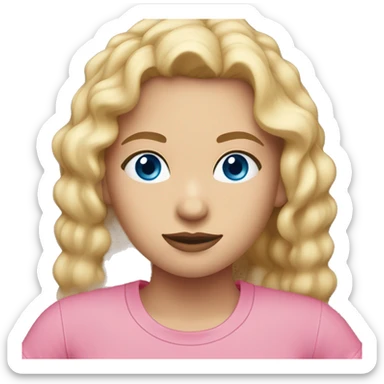girl with log blond hair blue eyes dark brows pink T-shirt sticker