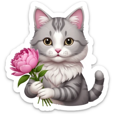 Cute cat Handing pink peonies like reaching a hand and handing them out a bouquet of them not a physical hand the cats hand  make the cat fluffy and grey and white fluffier make the cat wear a pink coquette sticker