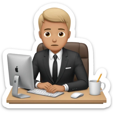 A man in corporate attire sitting at a desk, looking stressed while working on a computer sticker
