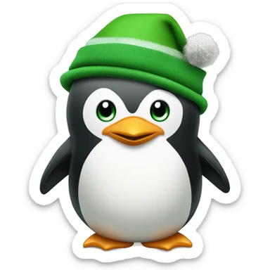 A penguin with a green Christmas hat with a small pom pom on it and  an oversized green elf jacket with belly showing sticker