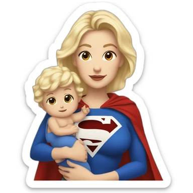 mother white skin with brown hair dressed as Superman with a cape holding a blondbaby sticker