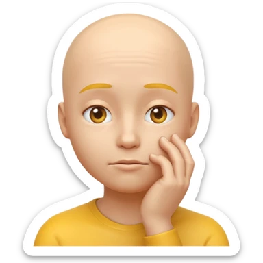 a 3D rendered yellow round face emoji with a thoughtful expression, one hand touching the chin in a pondering pose, no hair, smooth glossy surface, realistic shading and soft studio lighting, subtle reflections for depth, clean white background, high-quality digital render sticker