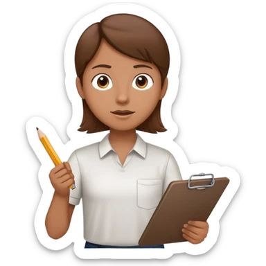 Intern or volunteer with brown hair holding a clipboard and pencil, ready to take notes or assist. The character wears a simple shirt and has an eager posture sticker