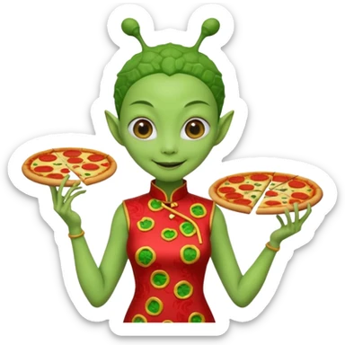 alien, wearing cheongsam, with pizza sticker