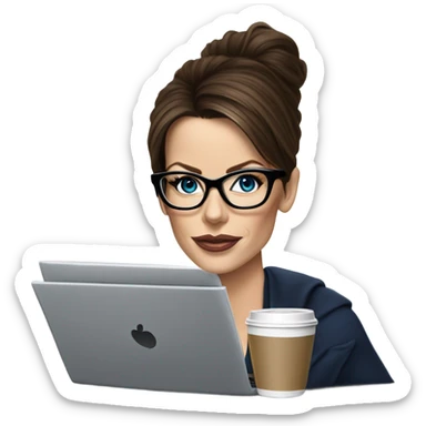 Hyper Realistic Kate Beckinsale dark blue eyes wearing glasses drinking coffee at a laptop  sticker