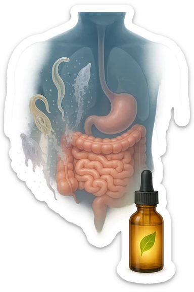 A realistic, high-quality medical illustration showing microscopic parasites leaving the human intestines, symbolically dissolving and breaking apart, after the intake of natural kinesiological drops. The drops are shown in a small amber glass dropper bottle in the foreground with a green leaf on the label, emitting a subtle glow symbolizing detox and cleansing. The background depicts a semi-transparent human silhouette with a highlighted digestive tract, showing clean, healthy intestines, while parasites in translucent fading colors are moving out, symbolizing elimination. The atmosphere is clean, fresh, and conveys a sense of natural healing, detoxification, and hope. sticker
