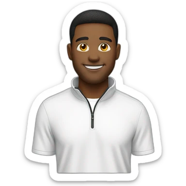 Smiling guy wearing a black quarter zip with white tee shirt sticker