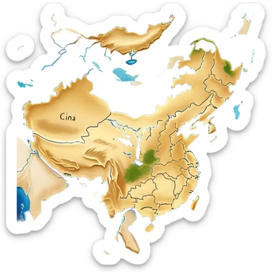 Cinematic-realistic outline of china, featuring its distinct landmass with accurately defined coastlines. The deep blue ocean surrounds the golden-brown continent, with subtle topographic shading to highlight its terrain. A soft glowing effect enhances the edges, making the shape stand out against a neutral, textured background. sticker