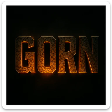 The word 'GORN' in a bold, sci-fi inspired font, with a lizard or reptilian texture, evoking the Star Trek Gorn character, in a dramatic style. sticker