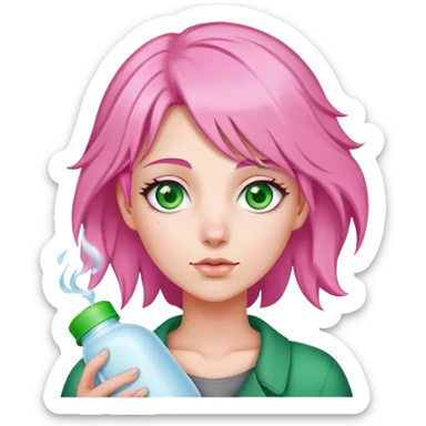 Pink hair green eyed woman with hot water bottle  sticker