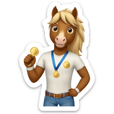 friendly anthropomorphised stallion in jeans and a t-shirt, standard pose, wearing a gold medal sticker
