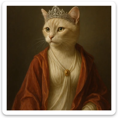 queen cat, sophisticated cat with tiara, flowing robes, graceful and noble appearance sticker