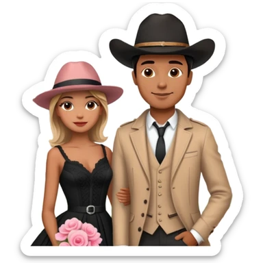 couple in front of Eiffel Tower, man in black cowboy hat, woman in elegant Parisian style dress with out hat, pink flowers around and Eiffel Tower in the background  sticker