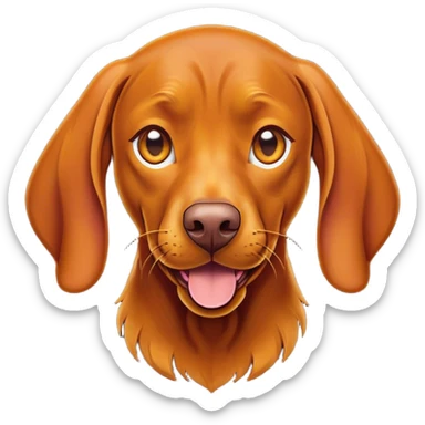 Cinematic Comical Vizsla Portrait Emoji, Head tilted dramatically with an exaggeratedly amused expression, featuring a striking rust and gold Fur with bold accents, wide, expressive amber eyes filled with playful disbelief, Simplified yet hilariously expressive features, highly detailed, glowing with a slightly sassy glow, high shine, dramatic yet playful, stylized with an air of cheeky mischief, bright and endearing, soft glowing outline, capturing the essence of a spirited and over-the-top companion, so meme-worthy it feels like it could side-eye its way into internet fame instantly! sticker