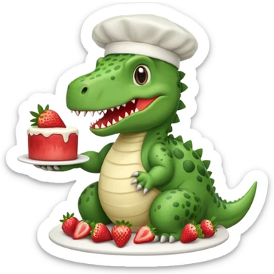 quiero un dinosaurio divertido para niños con delantal y gorro de chef y en la mano una tarta sticker