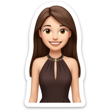 emoji-style illustration of a stylish pretty big smile woman with long straight brown hair, wearing a dark halter neck dress, elegant and chic slayed look, front-facing, soft 3D cartoon rendering, plain background sticker