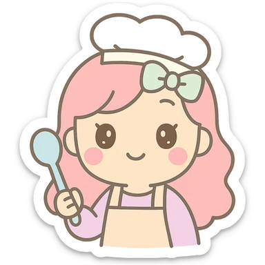 Make the girl cook, same kawaii chibi anime style, flat pastel colors, thick outlines, simple cute features, transparent background. sticker