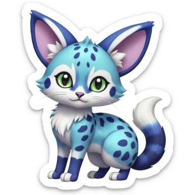 Exotic tropical shiny cute realistic Cobalt-Blue green purple black white Purloin-Meowstic-Minccino-Cinccino-serval-furret-Noibat-caracal-fusion-hybrid-creature (full body) sticker