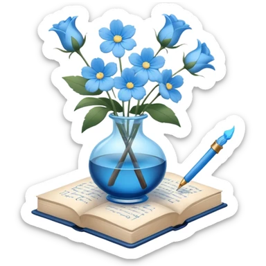 old blue book with light blue flowers in a glass vase and a writing quill, clean and minimal style, iOS emoji sticker