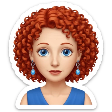 una profesora mayor simpática con el pelo rojo rizado, ojos azules, vestido azul y pendientes azules hablando sticker