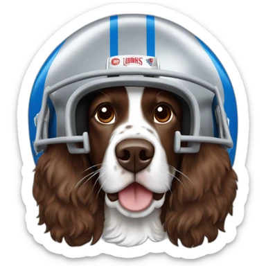 brown springer spaniel wearing detroit lions football helmet and holding football sticker