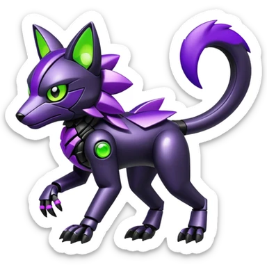 Futuristic modern mechanical badass cool shiny metallic alloy black-obsidian purple neon-green white lime animal hybrid Fakemon full body sticker