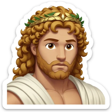 Cinematic Realistic Hercules Portrait, depicted as a classical Greek hero merging the fierce masculinity of the lion-wrestling Hercules with the refined face of Michelangelo's David. His light tan, chiseled skin glows with timeless strength, and his thick, curly, golden brown hair cascades in natural, sculpted curls reminiscent of a warrior’s mane. Draped in a flowing white robe with delicate golden accents and crowned with a traditional Greek laurel wreath, his intense, determined eyes exude noble might, all rendered under dynamic natural lighting with a mythic, radiant glow. sticker