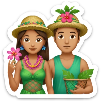 Hawaiian woman man with leaf hat and big trash net and colorful cloth sticker