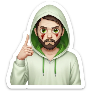 zombie pointing finger, undercut hairstyle with dark brown hair, short full beard, heterochromia with one green eye and one brown eye, wearing plain white hoodie with hood up sticker
