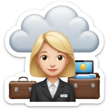 A thinking person with a thought cloud showing a modern hotel reception — front desk, receptionist, suitcases, cozy lighting. Cute emoji style, soft and clean.
 sticker
