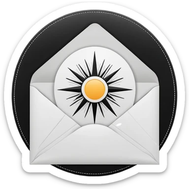 Open envelope, centered, black interior with a bright circular core and radial engraved sunburst rays, pure black ink on pure white, stipple/crosshatch only, razor sharp --style raw --ar 1:1 --no gradient, gray, 3d, glossy, text sticker