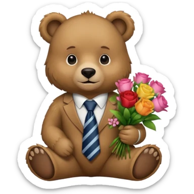 A bear sitting down wear a tie and holding a 💐 sticker