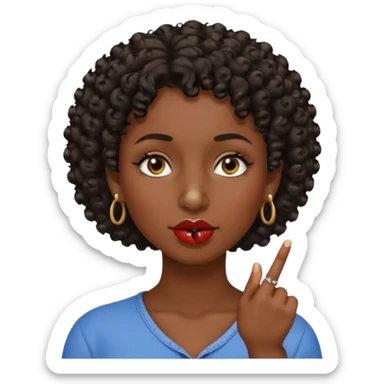 faça uma mulher com o cabelo curtinho cacheado com piercing no nariz e brincos e o dedo indicador no canto da boca morena, faça igual a segunda foto só que com o dedo na  boca mesmo  sticker