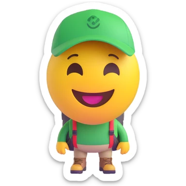 3D smiley emoji, round shape, grandparents on a hike, yellow and green color, smiling face sticker