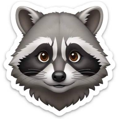 Cinematic-Noble-Raccoon-Portrait-Emoji – Poised and confident, with a sturdy build and a beautifully textured fur of silver-grey accented by dark black facial markings, deep-set, intelligent brown eyes, simplified yet sharp and sophisticated zoom out to show shoulders sticker