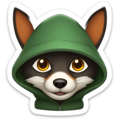 small dark brown fox with orange eyes and a dark green hood that smile sticker