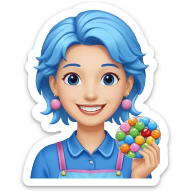 candy shop vendor, looking like candy with candy earrings and candy hair with big smile and blue sticker